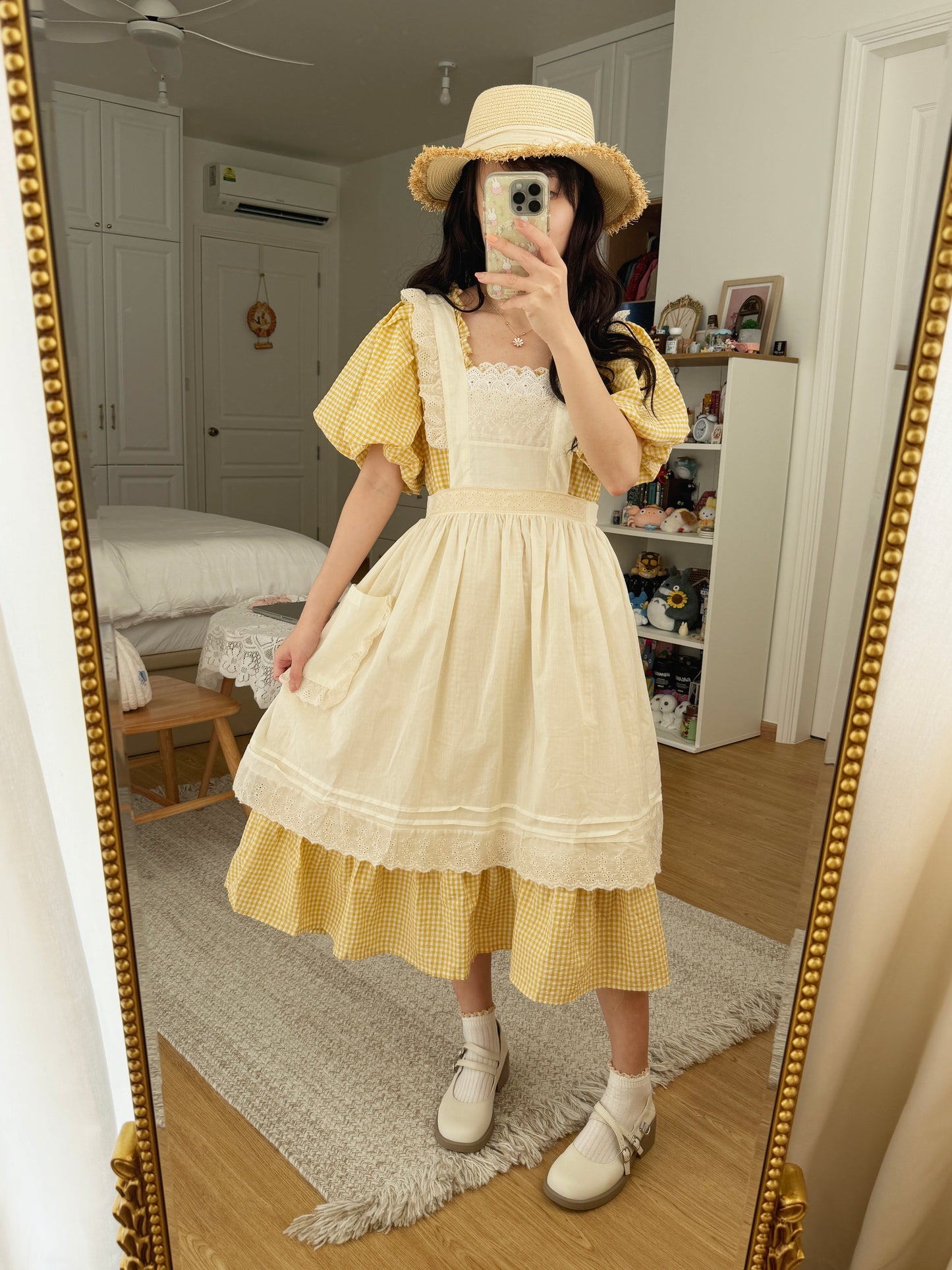 Gingham Cottage Puff Sleeve Midi Dress & Apron Set (Yellow)