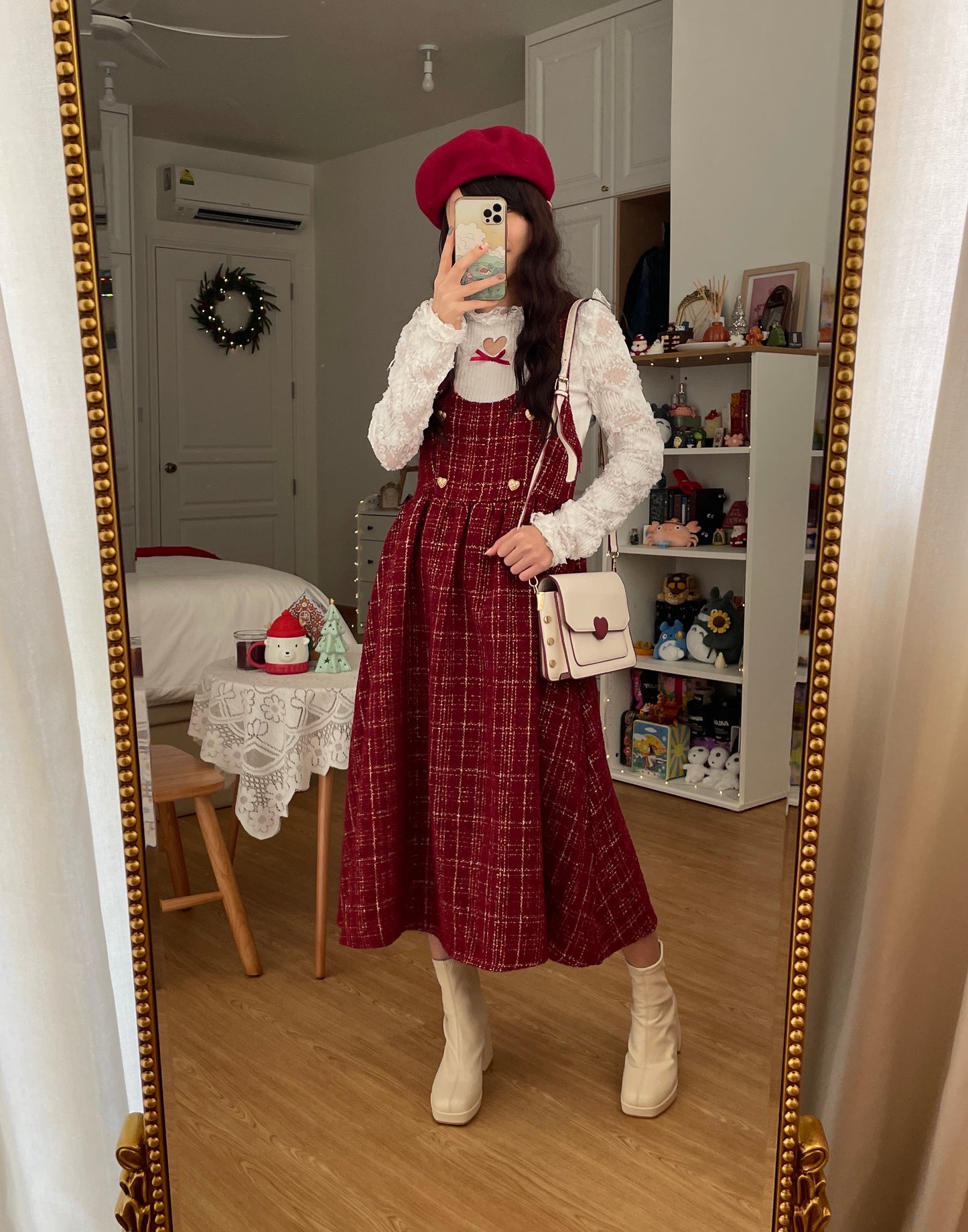 Sweet Apple Pie Plaid Pinafore Dress (Red)