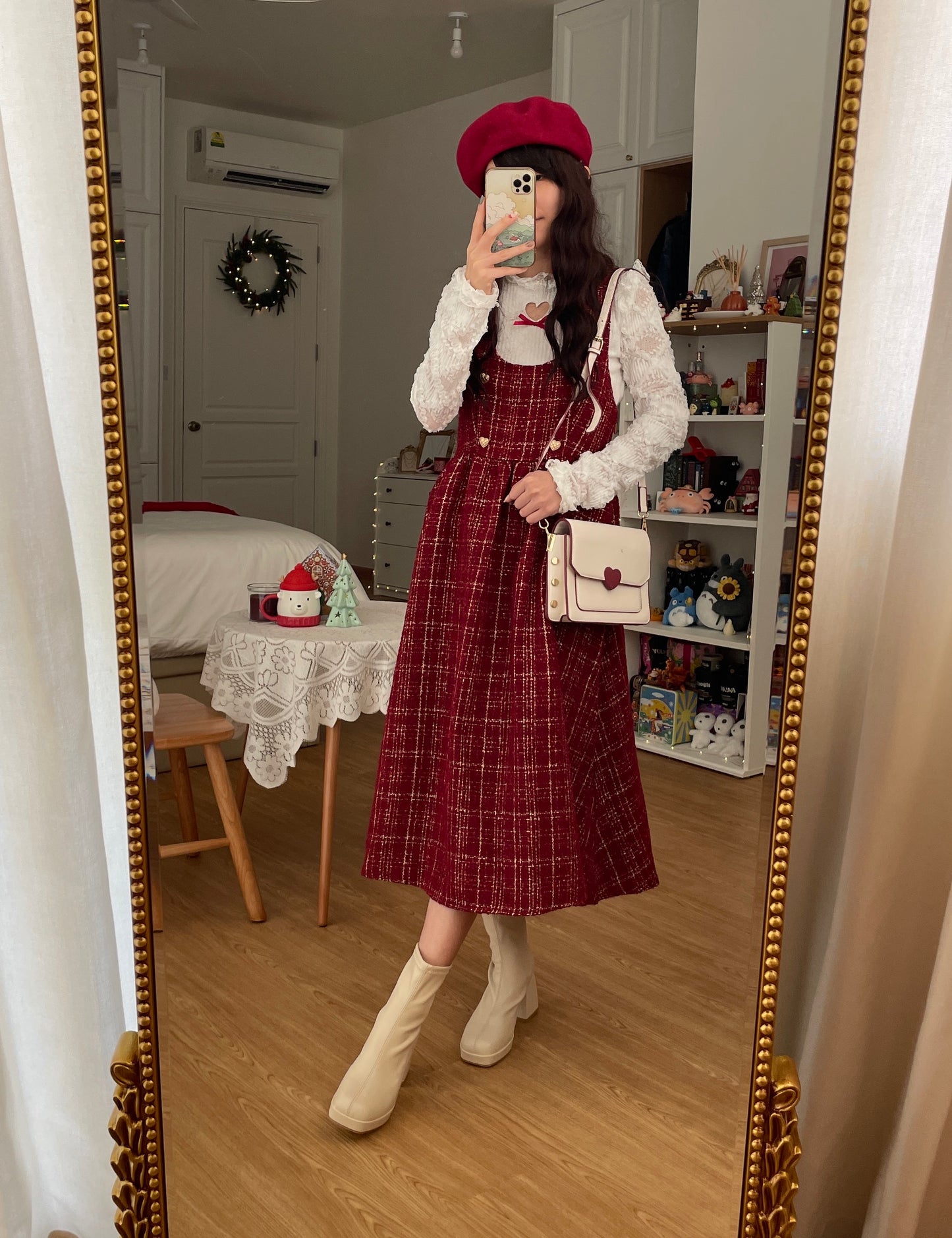 Sweet Apple Pie Plaid Pinafore Dress (Red)