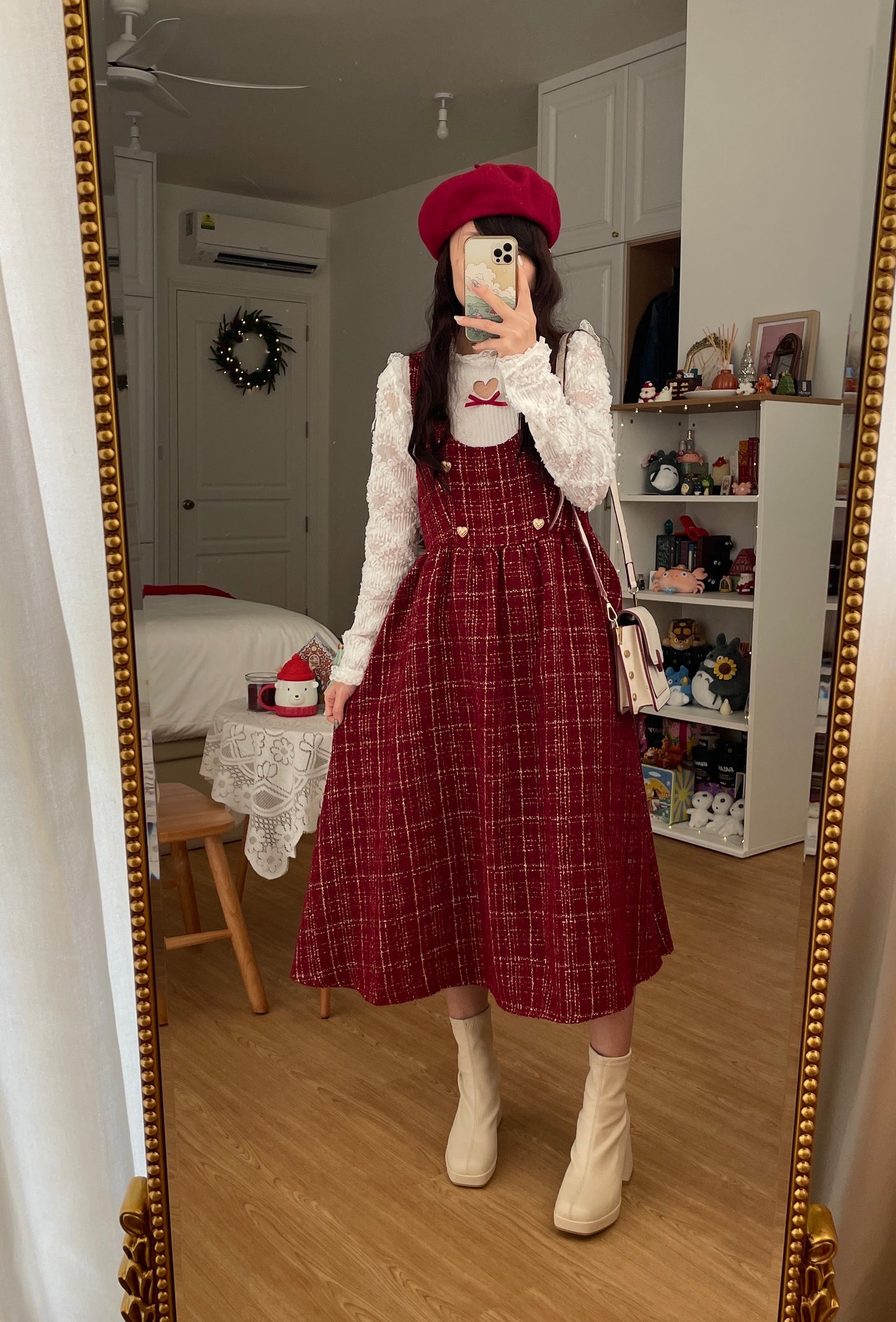 Sweet Apple Pie Plaid Pinafore Dress (Red)