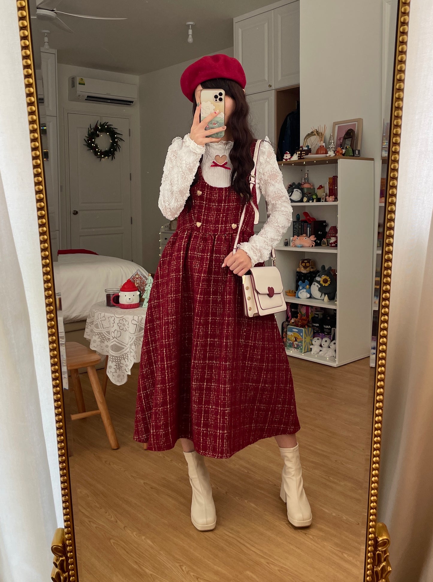 Sweet Apple Pie Plaid Pinafore Dress (Red)