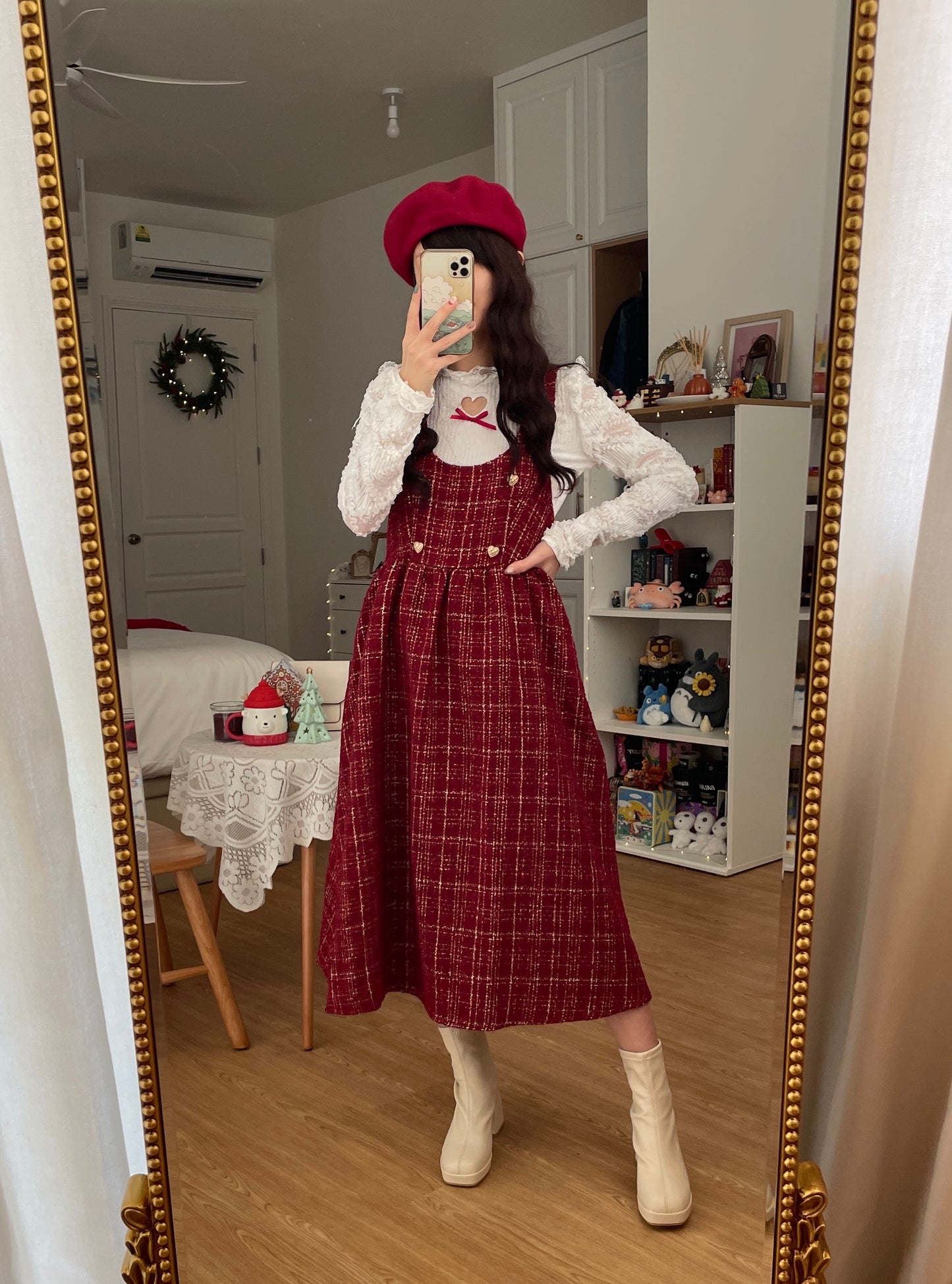 Sweet Apple Pie Plaid Pinafore Dress (Red)