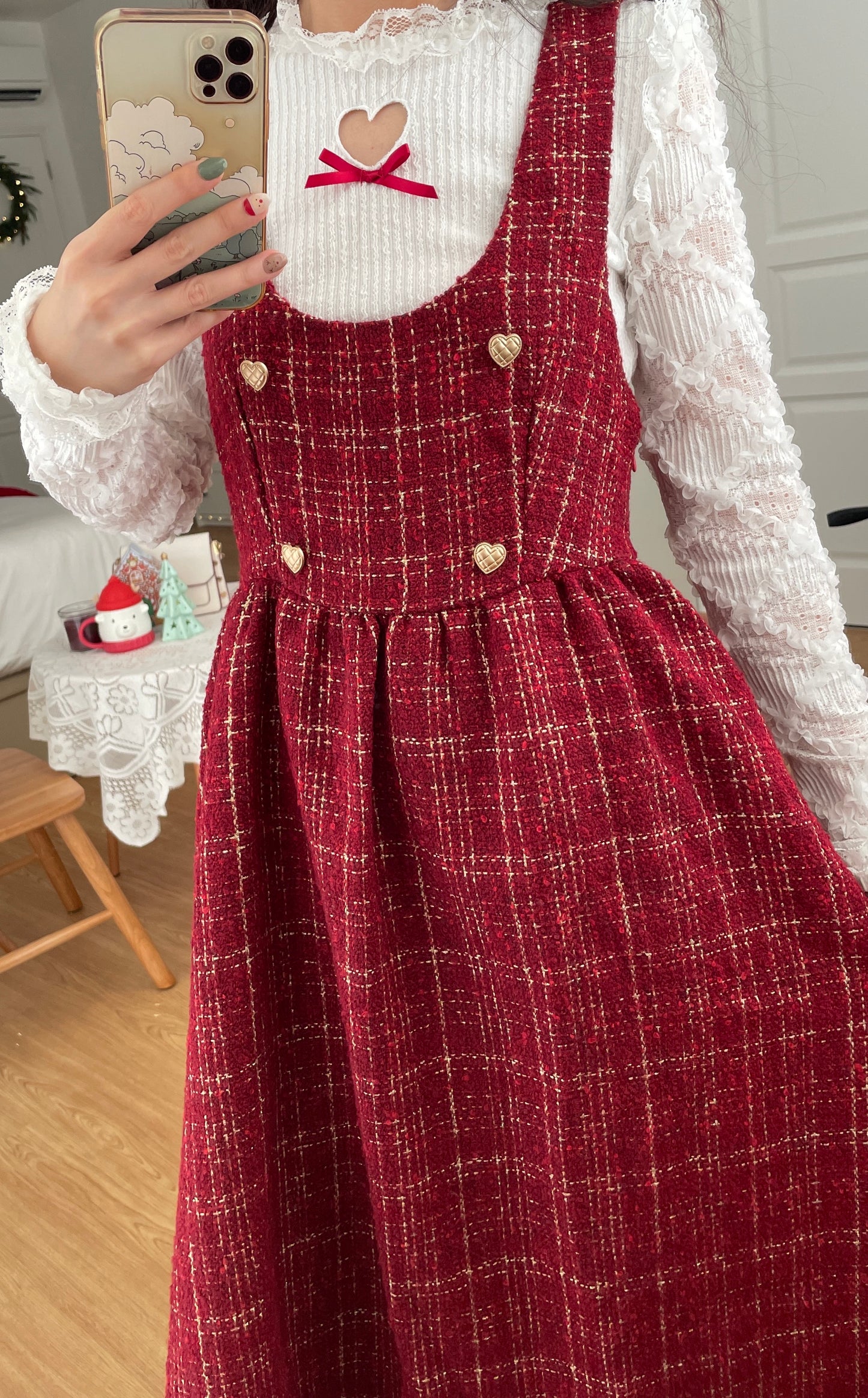 Sweet Apple Pie Plaid Pinafore Dress (Red)