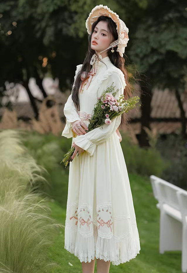 Rosy Bows Midi Dress (White)