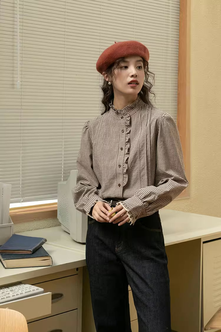 Gingham Plaid Ruffle Blouse (Coffee)