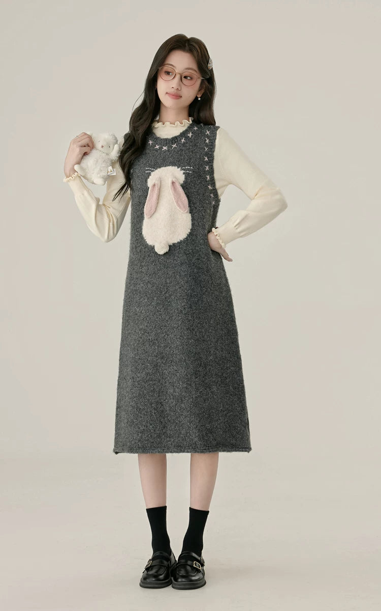 Bunny Tail Sleeveless Sweater Dress (Gray)