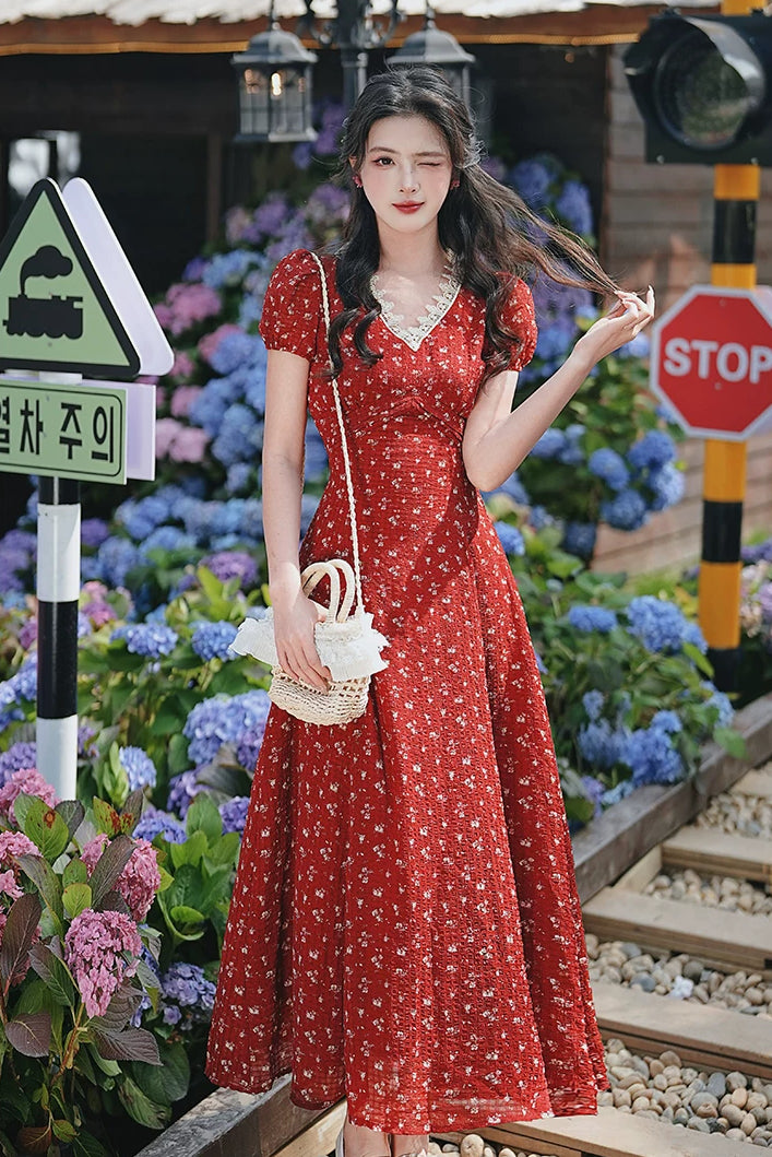 Ditsy Floral Maxi Dress (Red)