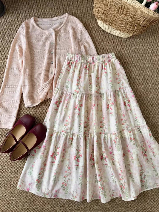 Flower Vines Midi Skirt (Pink)