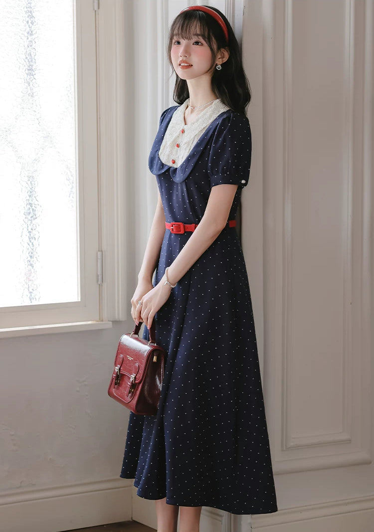 Miss Americana Polka Dot Midi Dress (Navy)