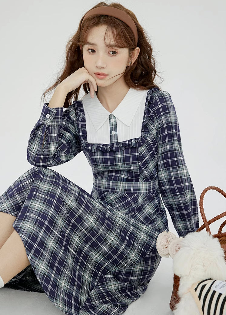 Uni Plaid Midi Dress (Navy)