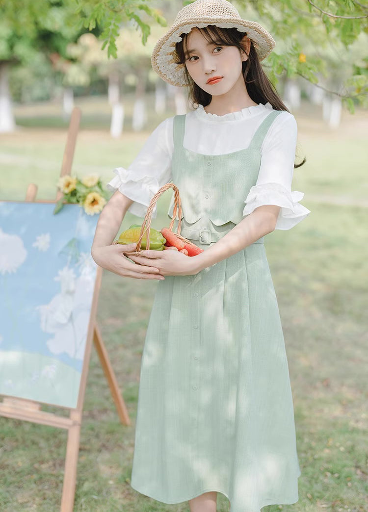 Button Stripe Midi Dress (Green)