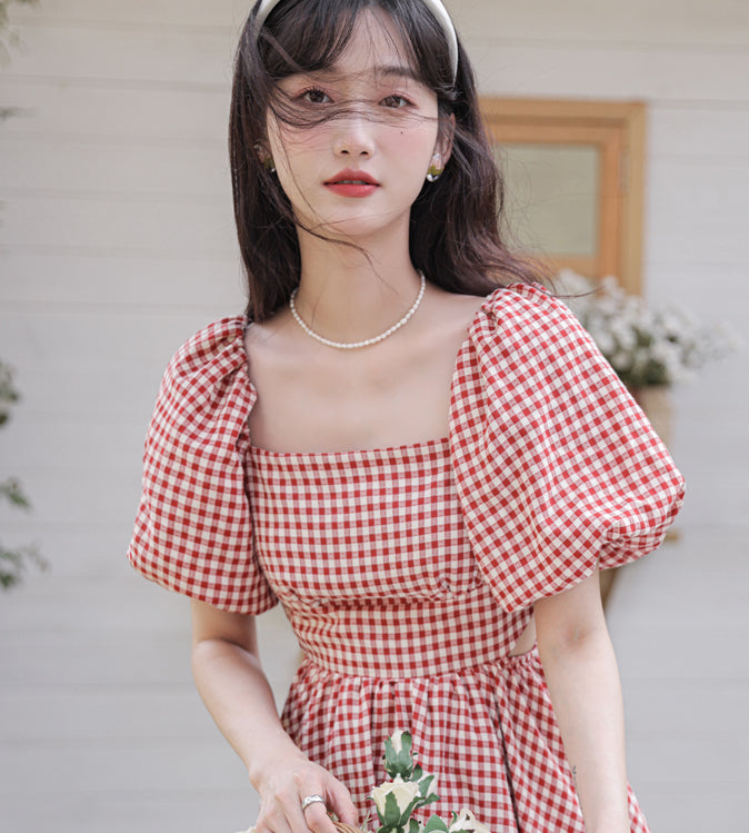 Gingham Puff Sleeve Mini Dress (Red)