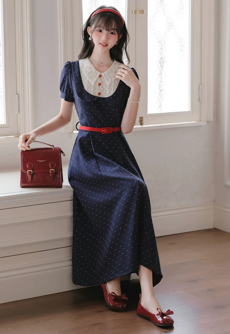 Miss Americana Polka Dot Midi Dress (Navy)
