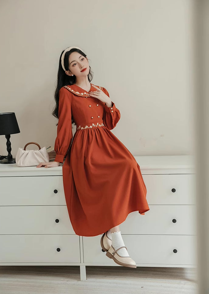 Autumn Floral Shawl Collar Midi Dress (Burnt Orange)