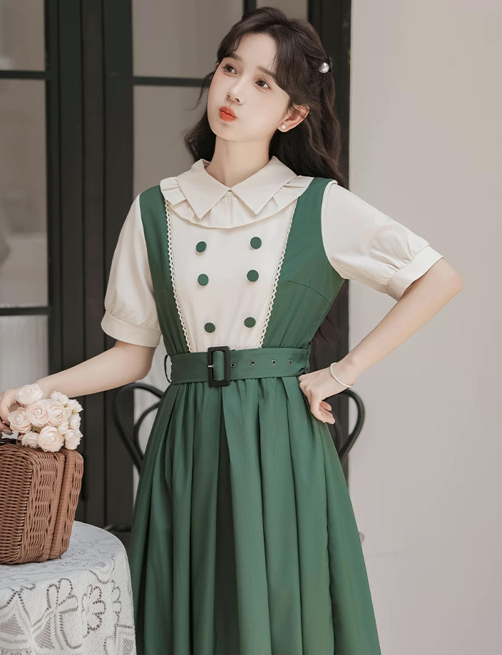 Lolita Short Sleeve Faux Layered Midi Dress (Green)