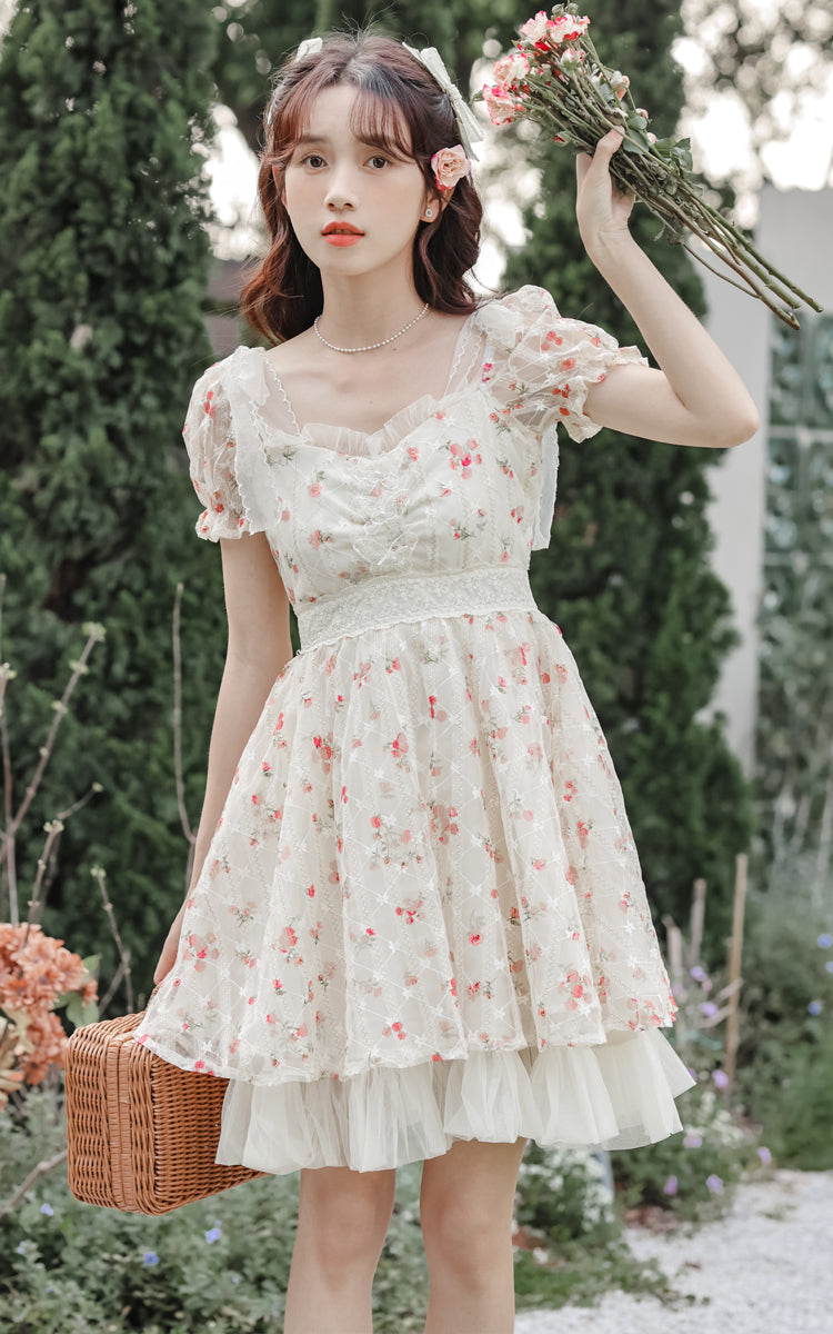 Dainty Rose Petticoat Mini Dress (White)