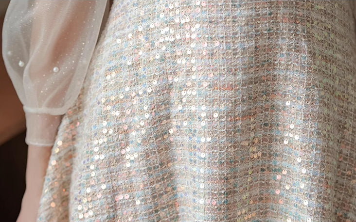 Daytime Sequin Tweed Mini Dress (Beige)