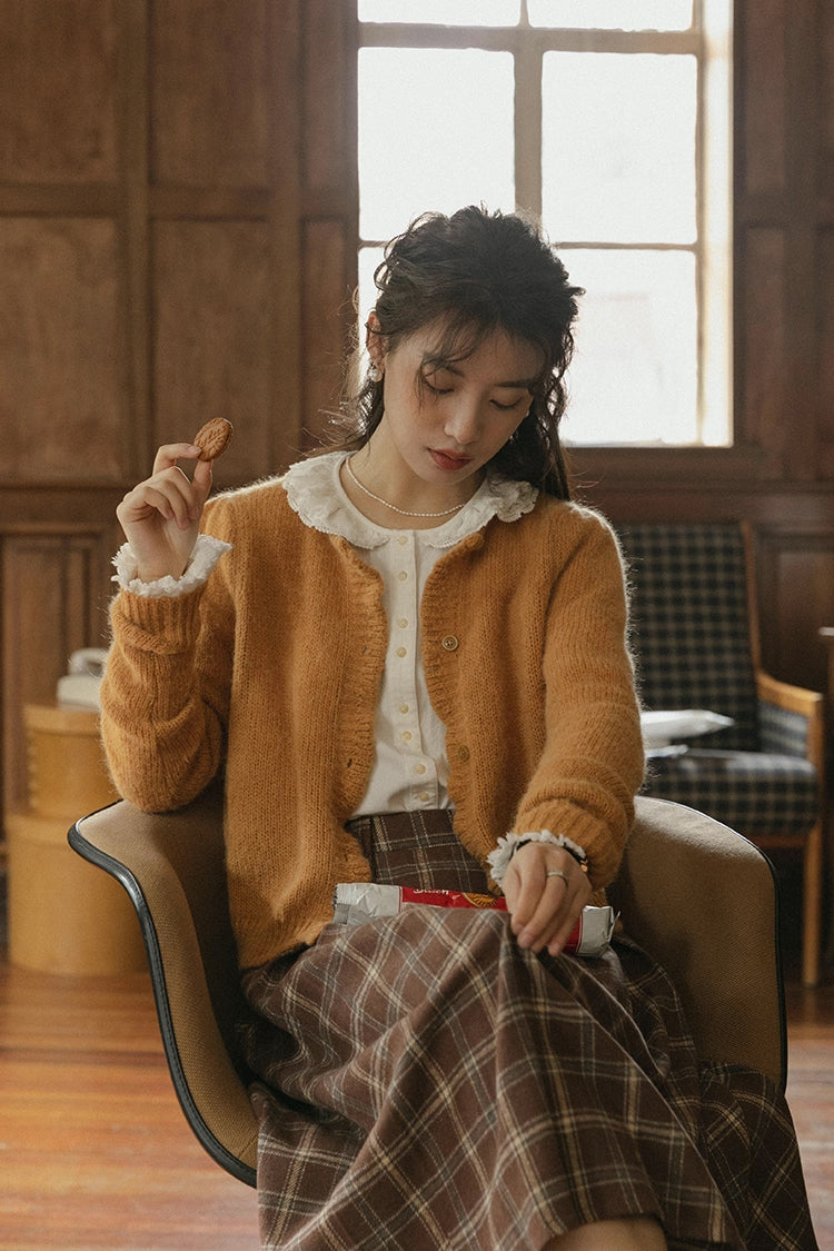 Round Neck Knitted Cardigan (Pumpkin Mustard)