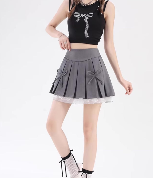 Bow Lace Pleated Mini Skirt (7 Colors)