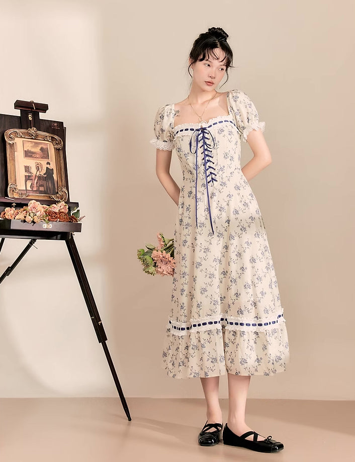 Porcelain Rose Lace Up Midi Dress (White/Blue)