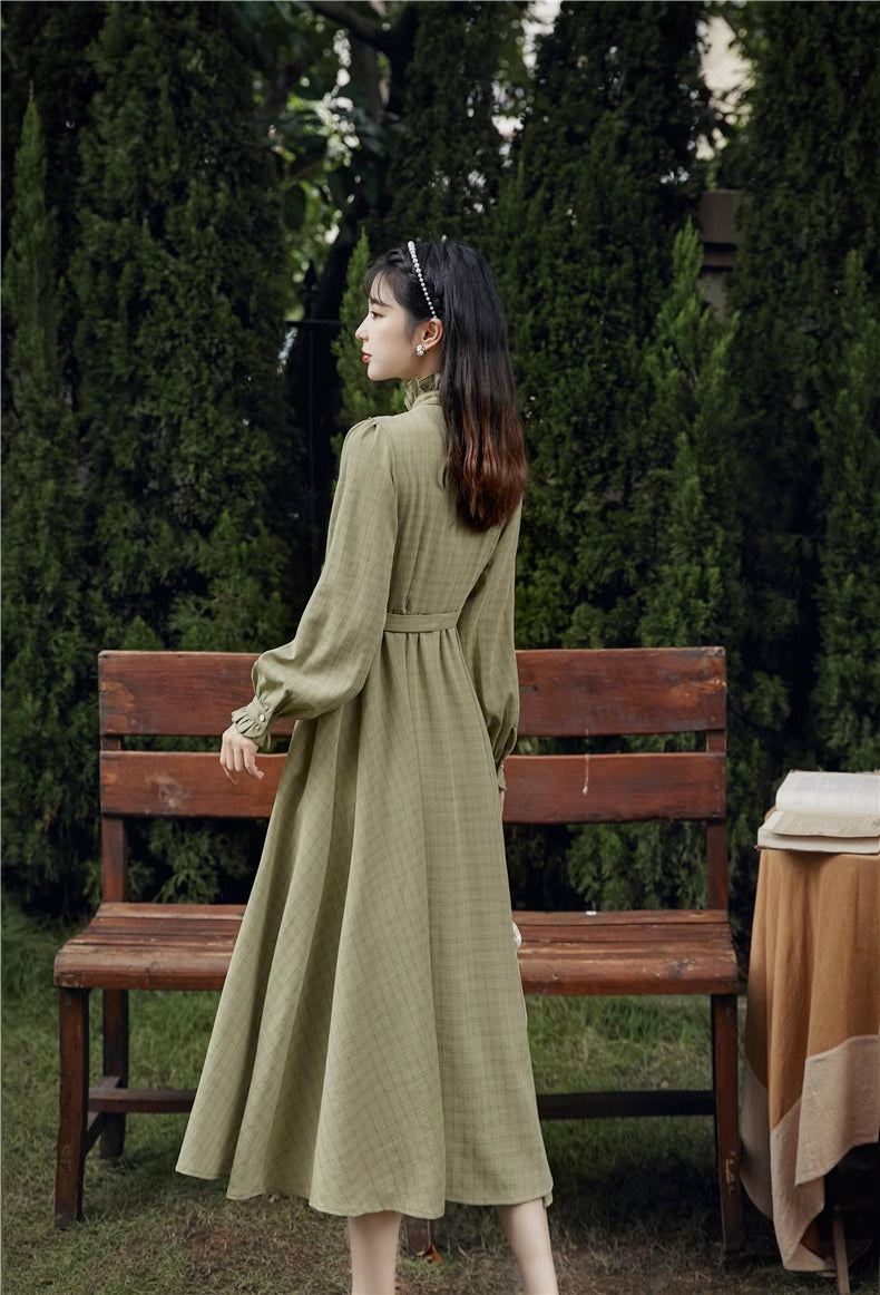 Sophie Ruffle Plaid Midi Dress (Olive)