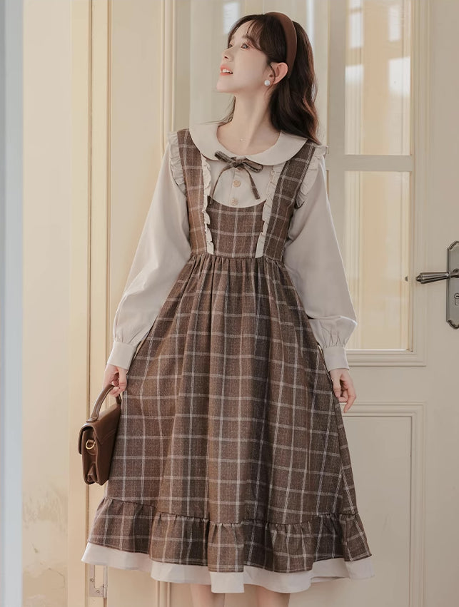 Cocoa Plaid Twofer Midi Dress (Khaki)