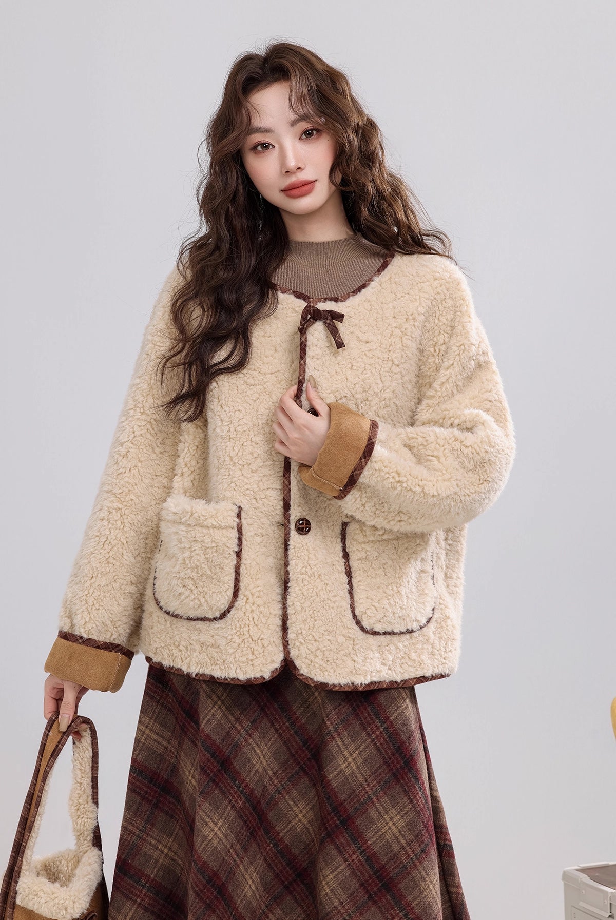 Round Neck Teddy Jacket (Khaki)
