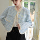 Gingham Lace Trim Tweed Jacket (Blue)