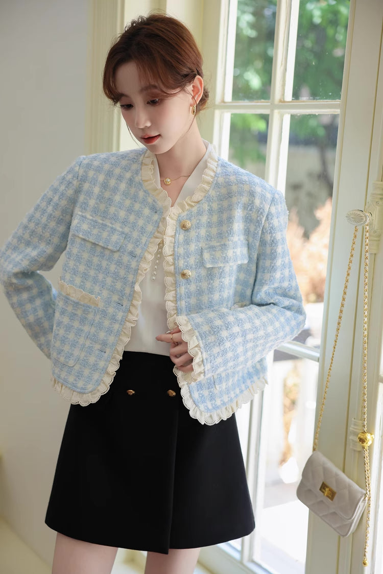 Gingham Lace Trim Tweed Jacket (Blue)