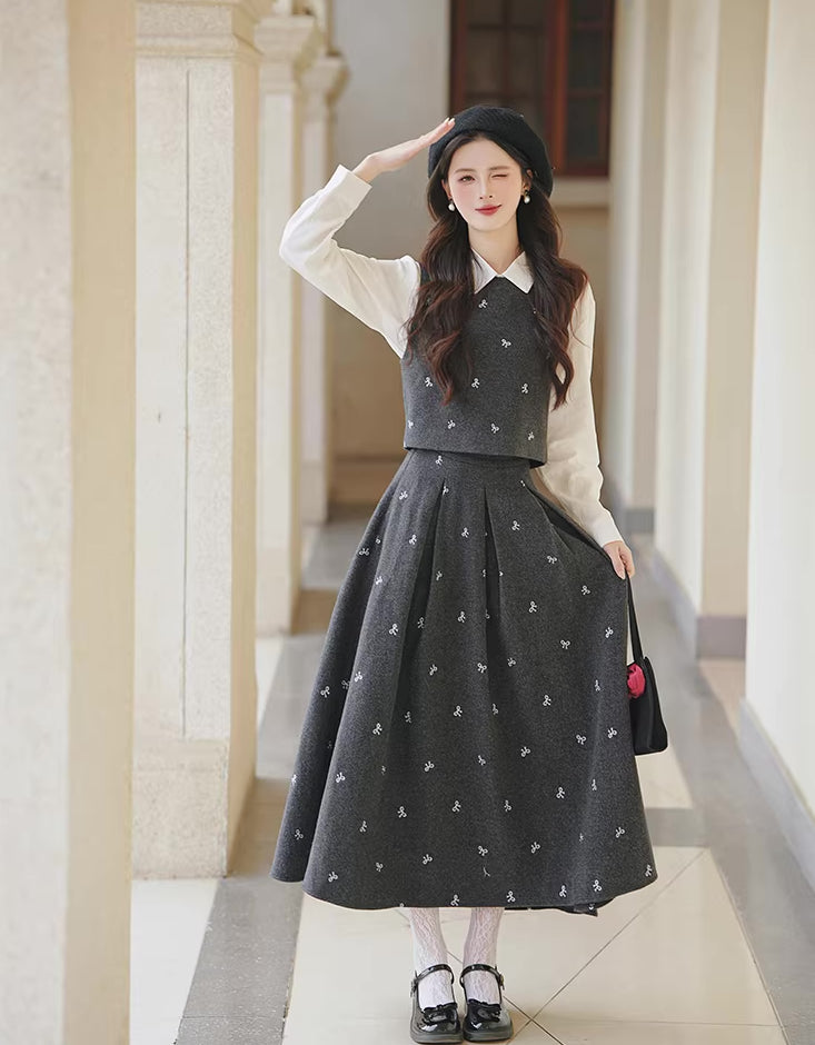 Preppy Bows Vest & Skirt Set (Grey)