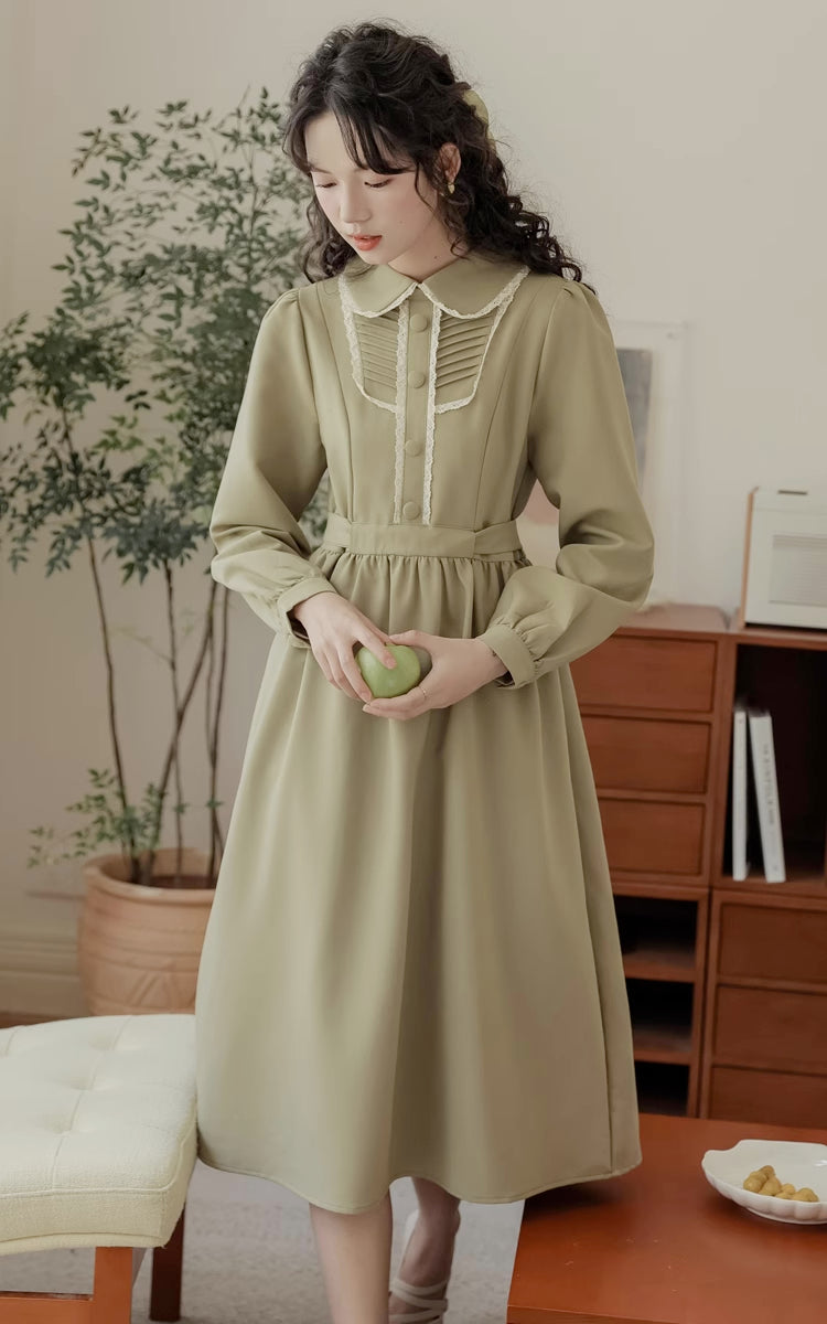 Sunday Tea Long Sleeve Midi Dress (Olive)