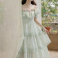 Garden Fairy Tiered Cold Shoulder Midi Dress (Mint Green)