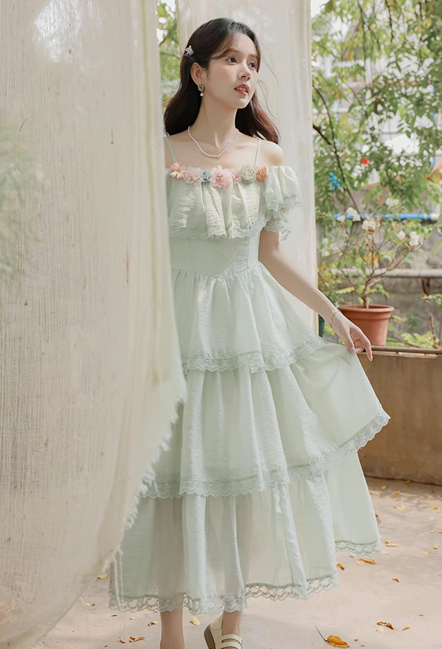 Garden Fairy Tiered Cold Shoulder Midi Dress (Mint Green)