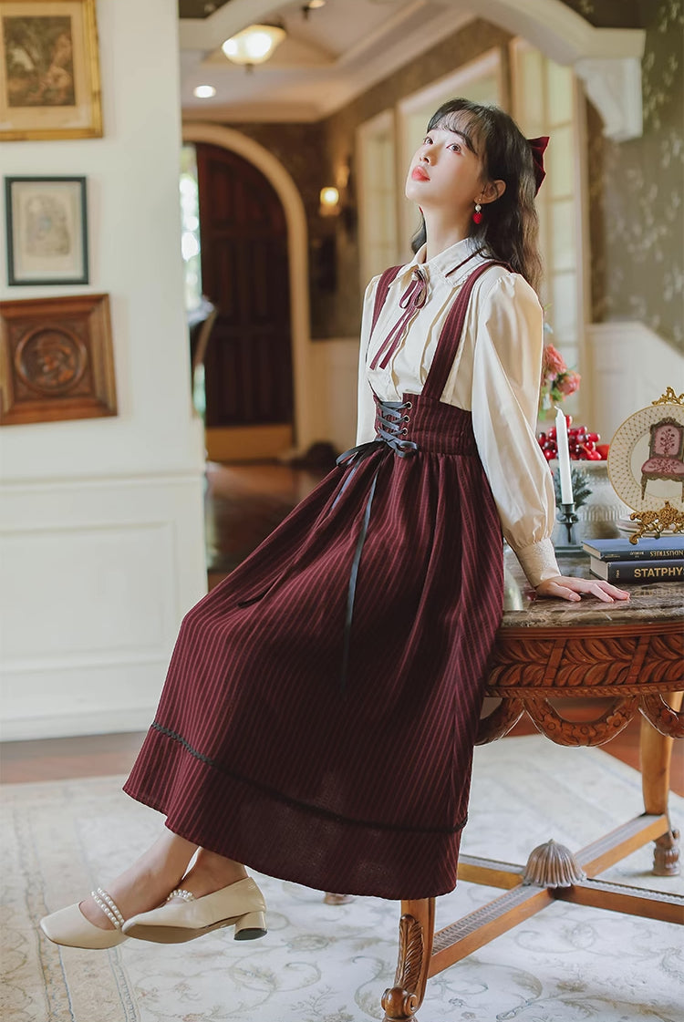 Long Sleeve Crepe Suspender Skirt Set (2 Colors)