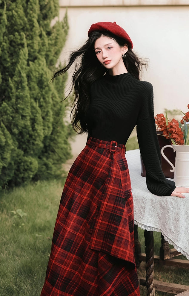 Lingonberry Plaid Asymmetrical Midi Skirt (Red/Black)