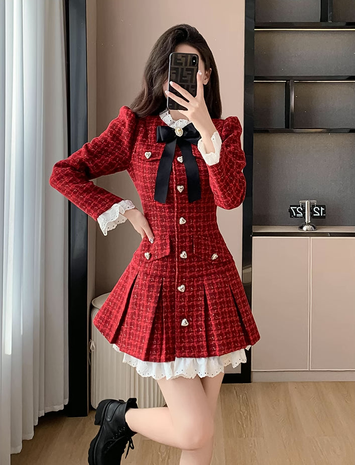 red plaid tweed dress Prosperina Cecelia Pink Multi Plaid Tweed Mini Dress