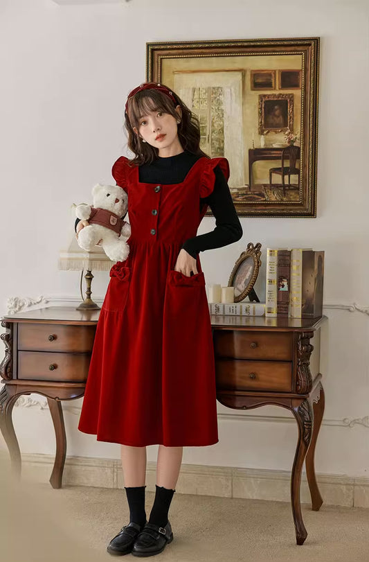 Velvet Frilly Bow Pinafore Dress (Red)