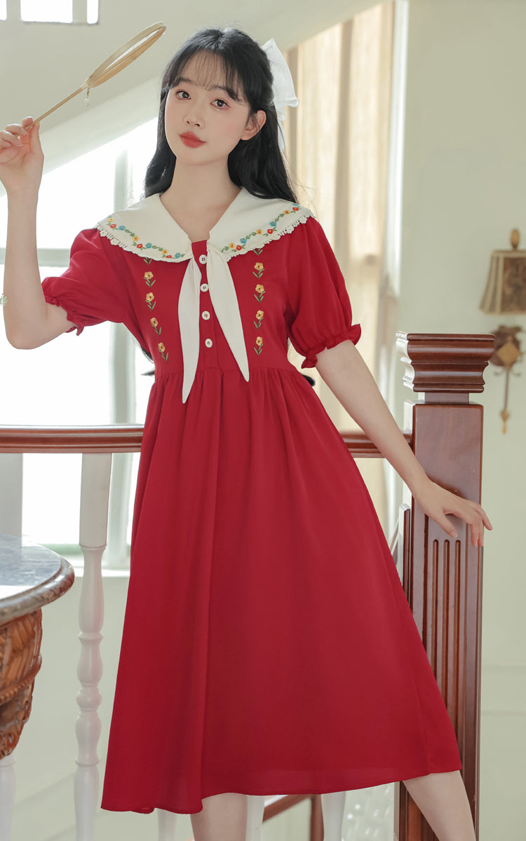 Floral Embroidered Sailor Midi Dress (Red)