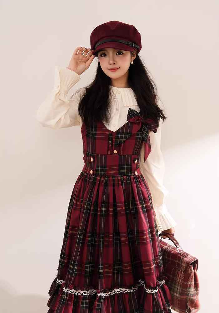 Red Riding Hood Plaid Midi Dress & Capelet (Red)
