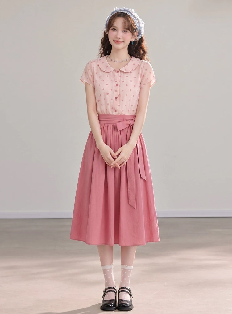 Polka Dot Bow Twofer Midi Dress (Pink)
