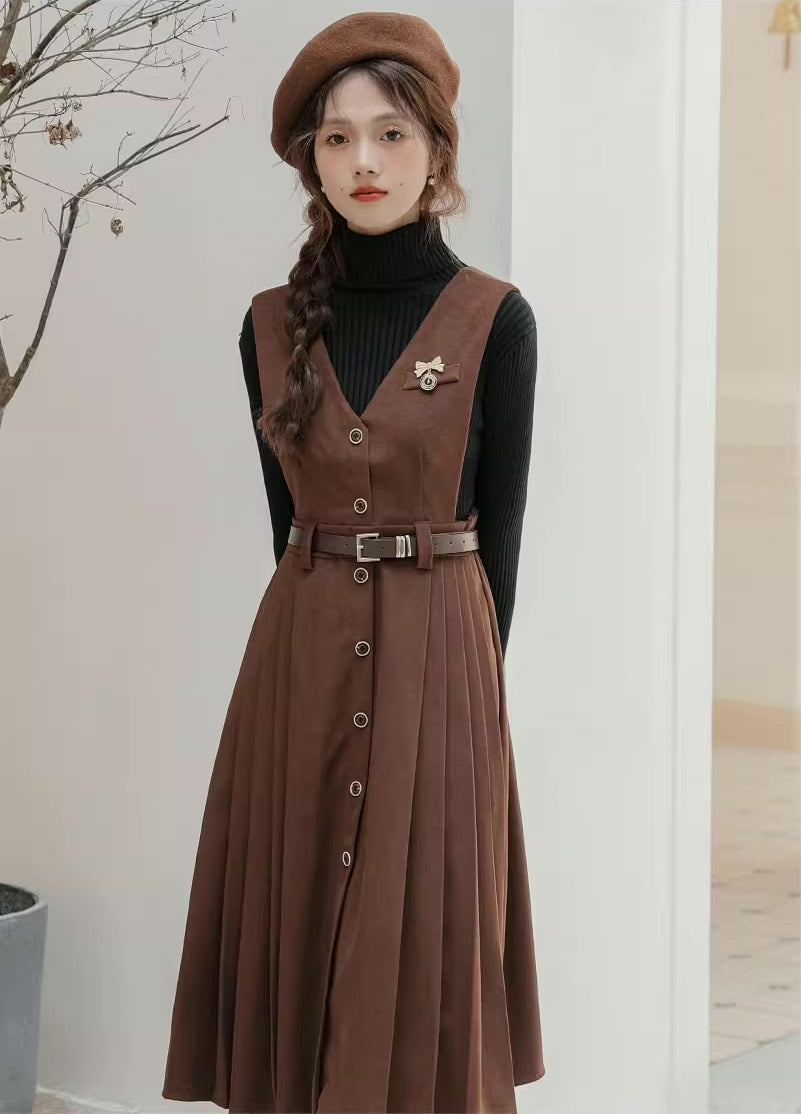 Corduroy Button Pleated Midi Pinafore (2 Colors)