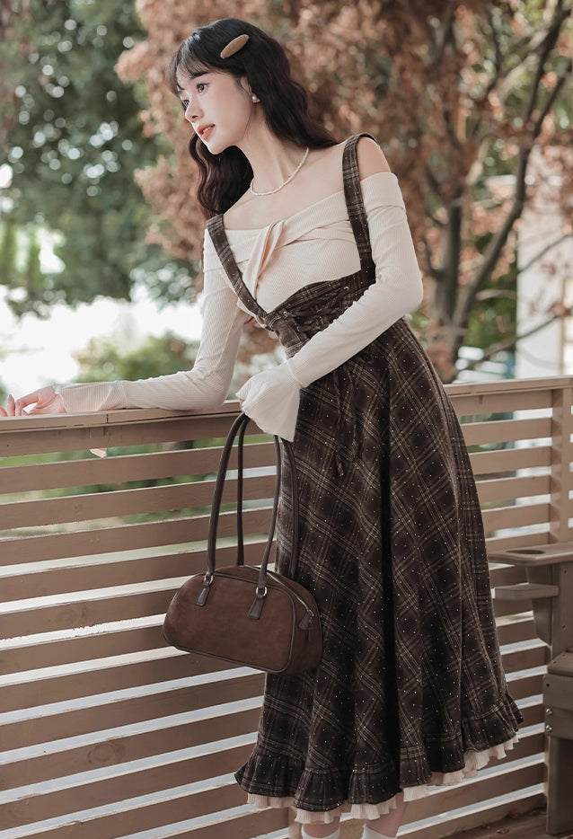 Snowy Plaid Twofer Suspender Midi Dress (Cream/Brown)