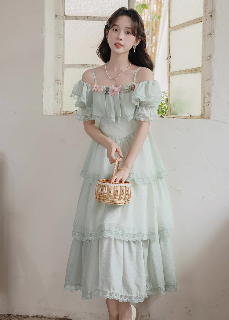 Garden Fairy Tiered Cold Shoulder Midi Dress (Mint Green)