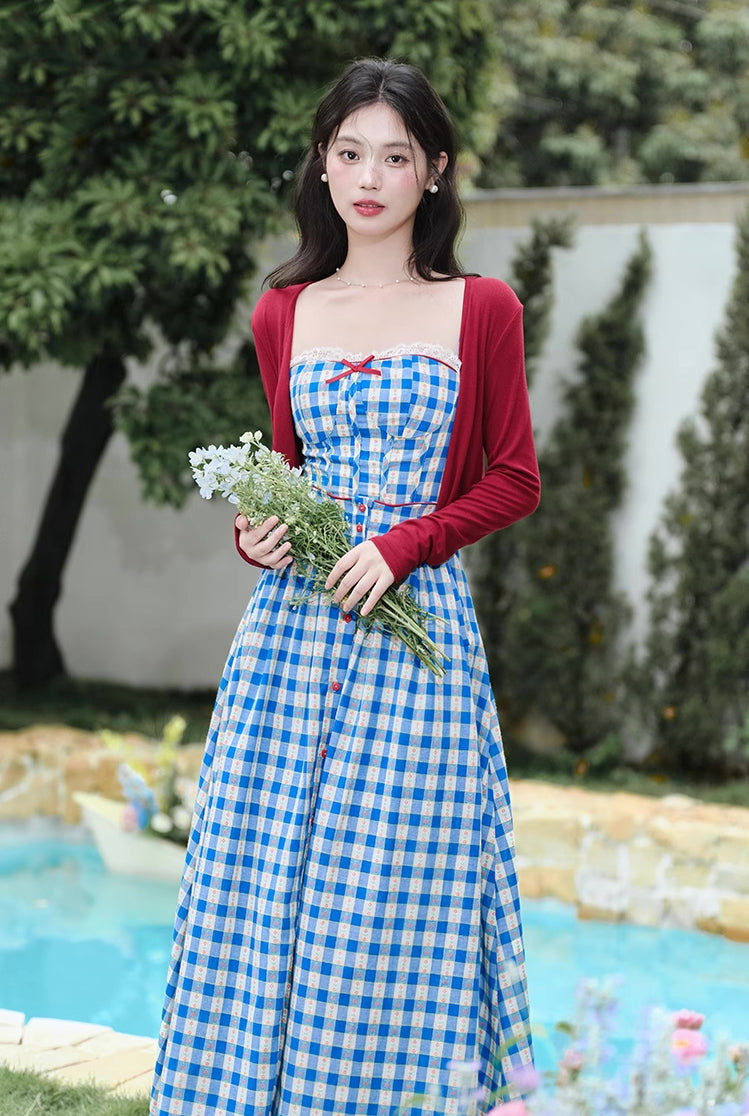Vintage Gingham Floral Cami Dress (Blue)