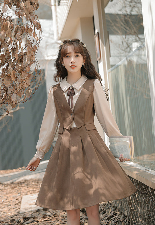 Journalist Waist Coat Dress (Brown)