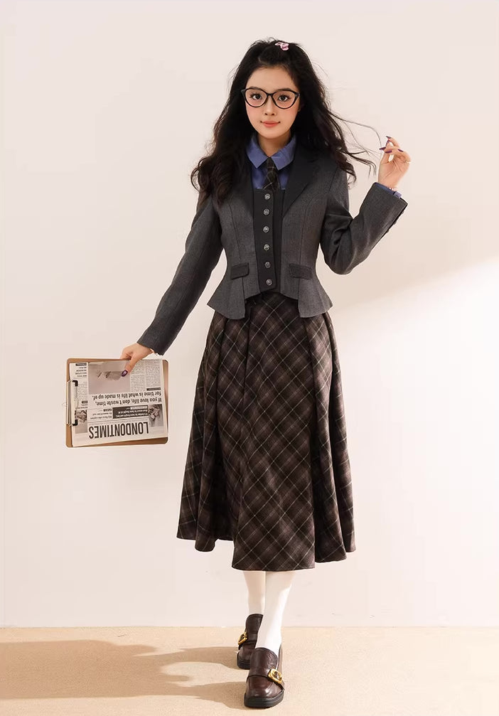 Newsgirl Plaid Suspender Skirt & Blouse Set (2 Colors)