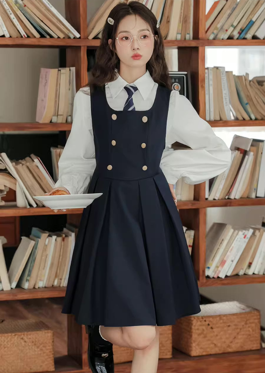 Double Breasted Mini Pinafore Set (Navy)