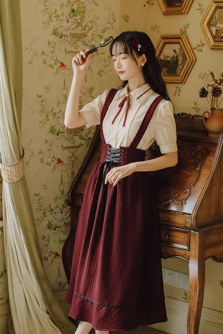 Short Sleeve Crepe Suspender Skirt Set (Maroon)