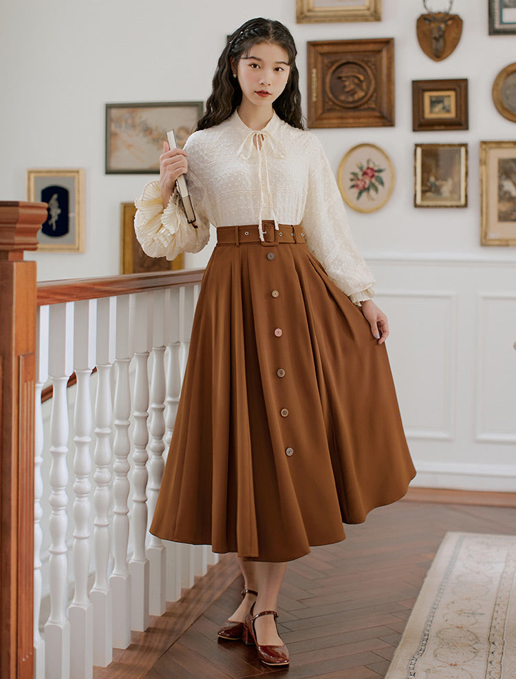 Classic Belted Button Midi Skirt (Brown)