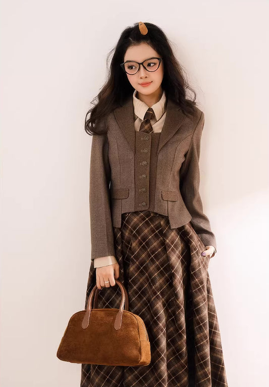 Newsgirl Plaid Suspender Skirt & Blouse Set (2 Colors)